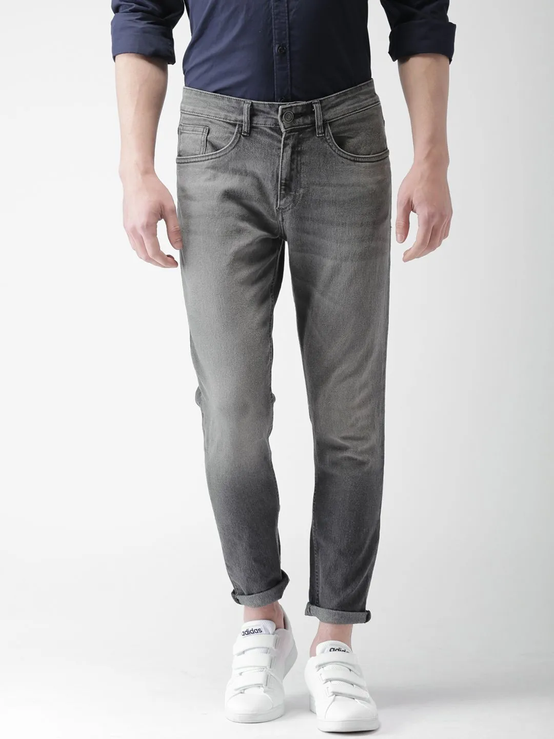 HIGHLANDER Men Charcoal Grey Slim Tapered Fit Clean Look Ankle Length Stretchable Jeans