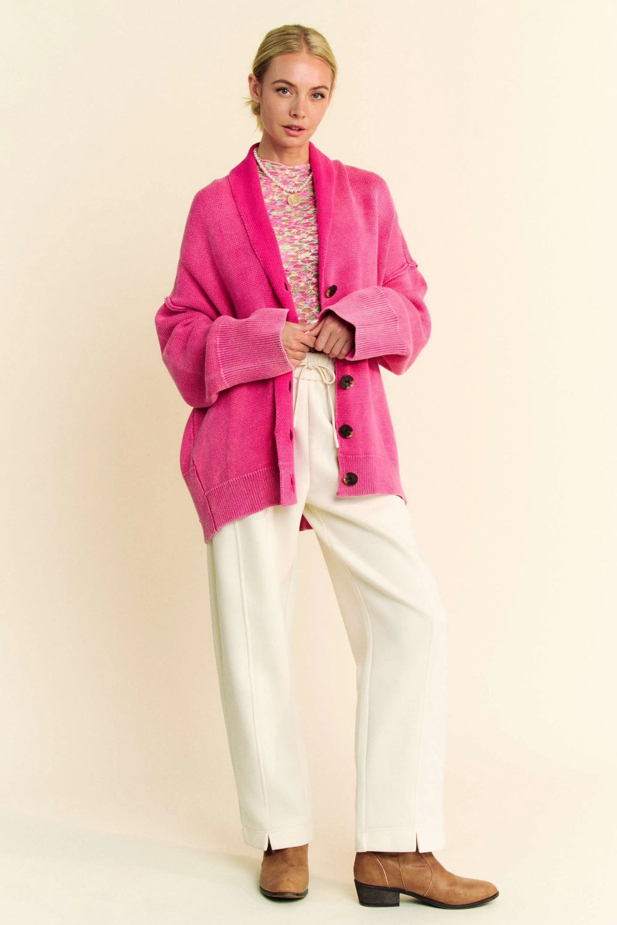 Hot Pink Shawl Collar Ribbed Detail Button Up Cardigan