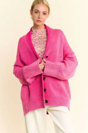 Hot Pink Shawl Collar Ribbed Detail Button Up Cardigan