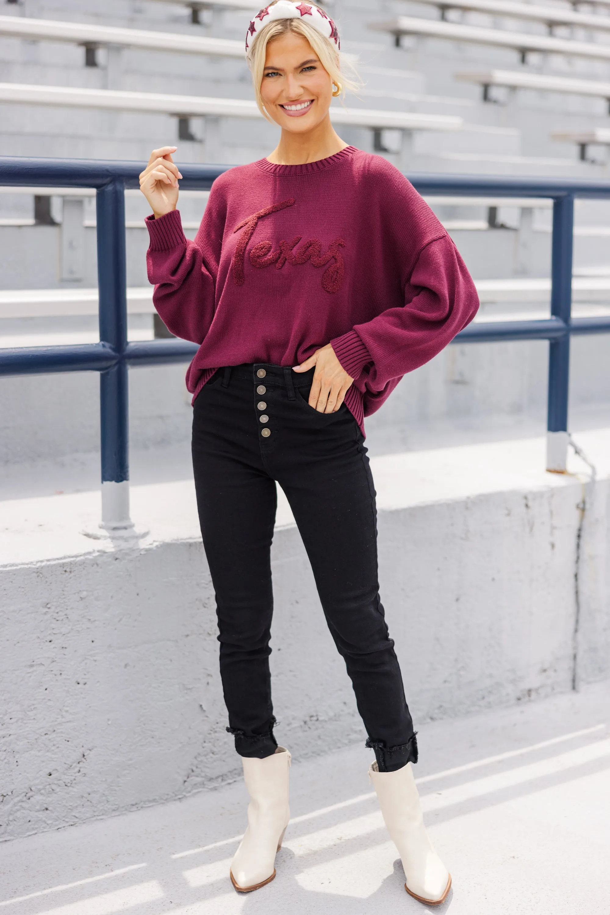 It's A Win Maroon Texas Script Sweater