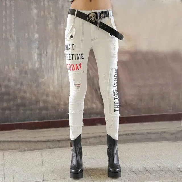 jean haram pants women suutmn grey low wasit streetwear denim pencil pants ladies plus size holes letter printed trousers