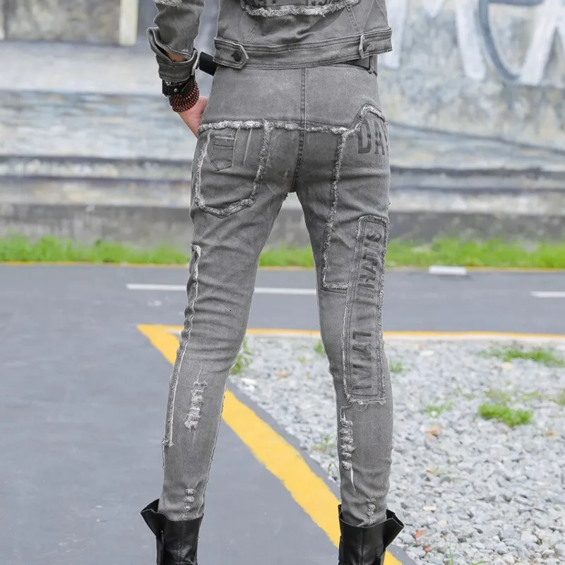 jean haram pants women suutmn grey low wasit streetwear denim pencil pants ladies plus size holes letter printed trousers