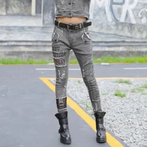 jean haram pants women suutmn grey low wasit streetwear denim pencil pants ladies plus size holes letter printed trousers