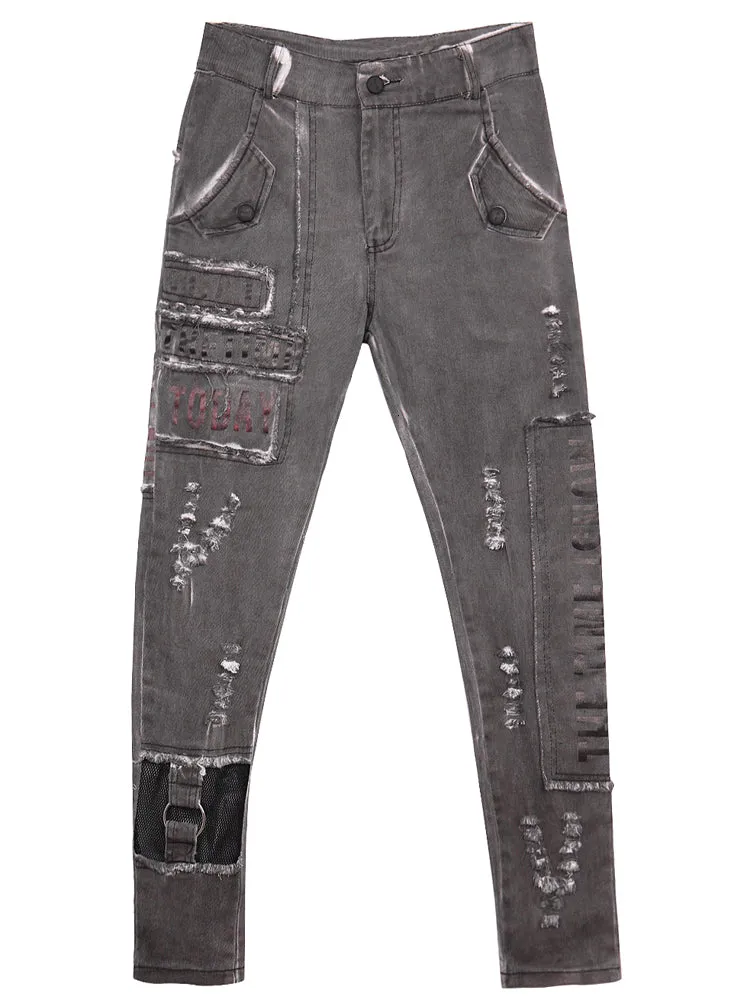 jean haram pants women suutmn grey low wasit streetwear denim pencil pants ladies plus size holes letter printed trousers