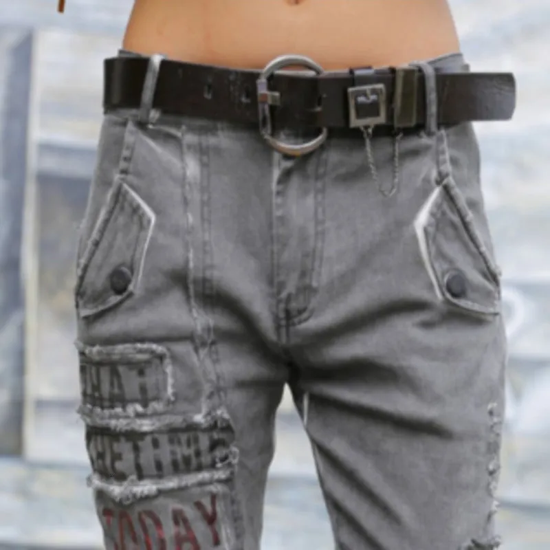 jean haram pants women suutmn grey low wasit streetwear denim pencil pants ladies plus size holes letter printed trousers