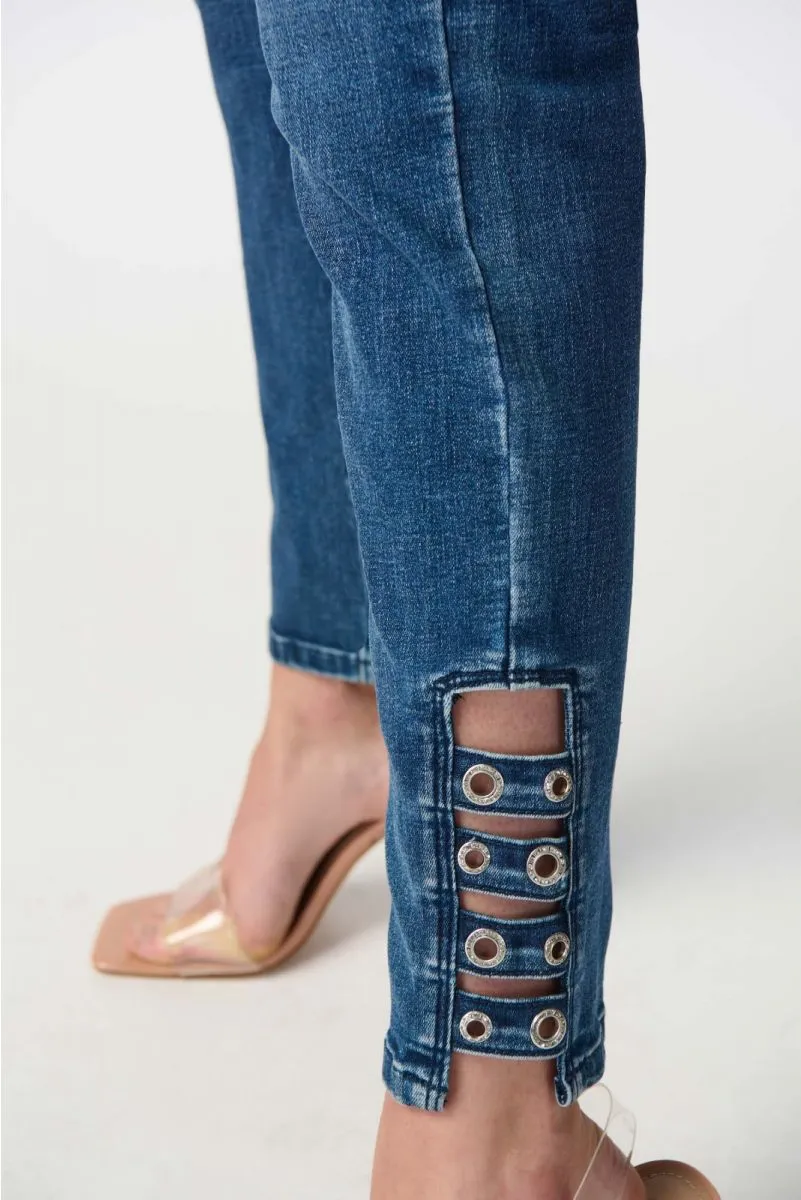 Joseph Ribkoff Denim Medium Blue Grommet Ladder Cutout Slim Ankle Jeans 241900