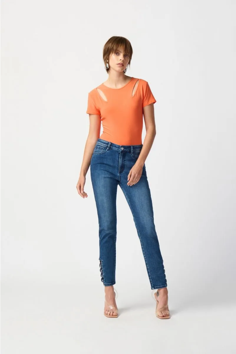 Joseph Ribkoff Denim Medium Blue Grommet Ladder Cutout Slim Ankle Jeans 241900