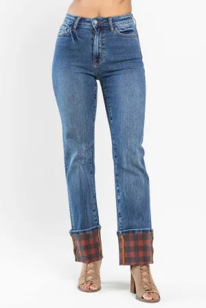 Judy Blue Red Plaid Print Cuff Jean