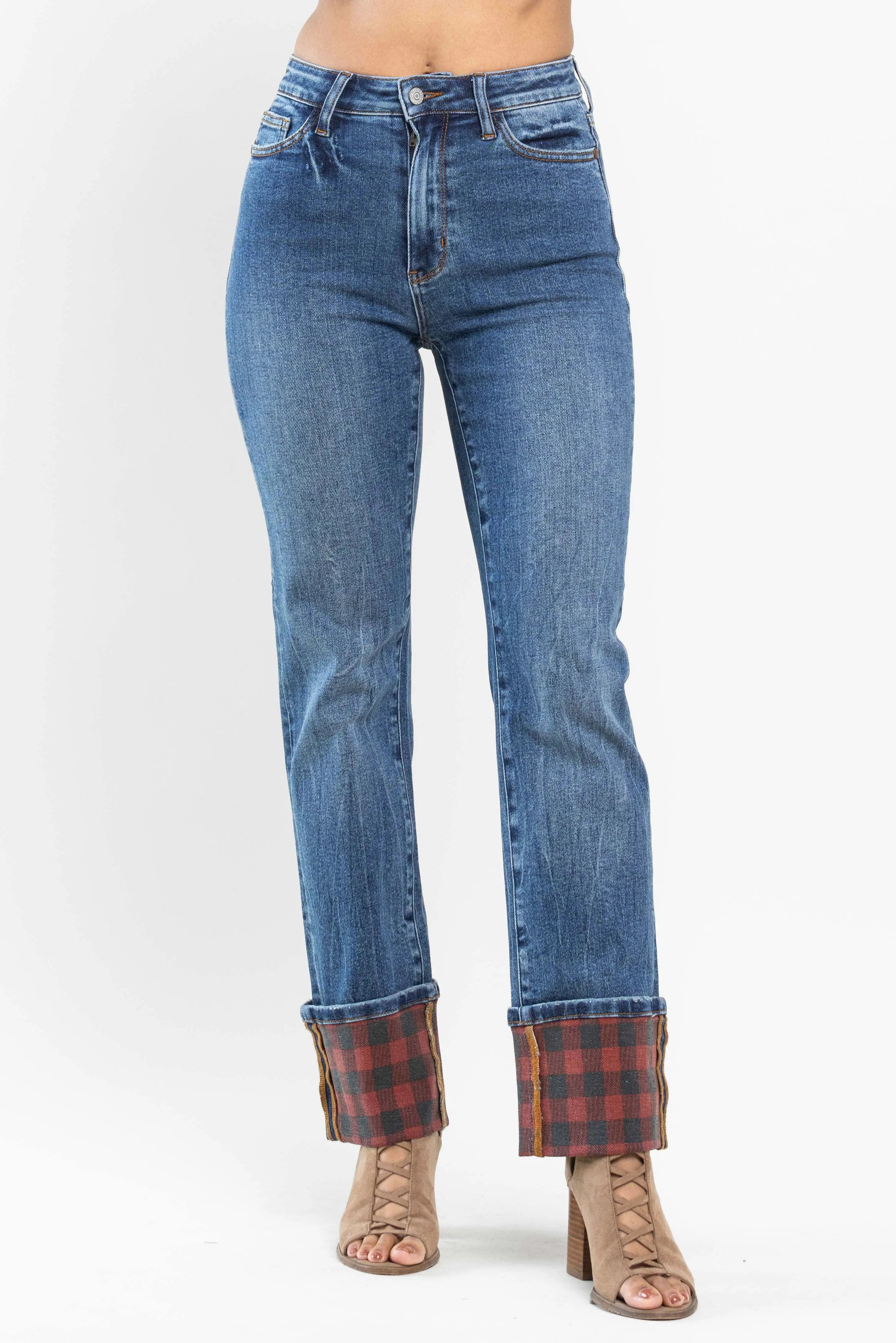 Judy Blue Red Plaid Print Cuff Jean