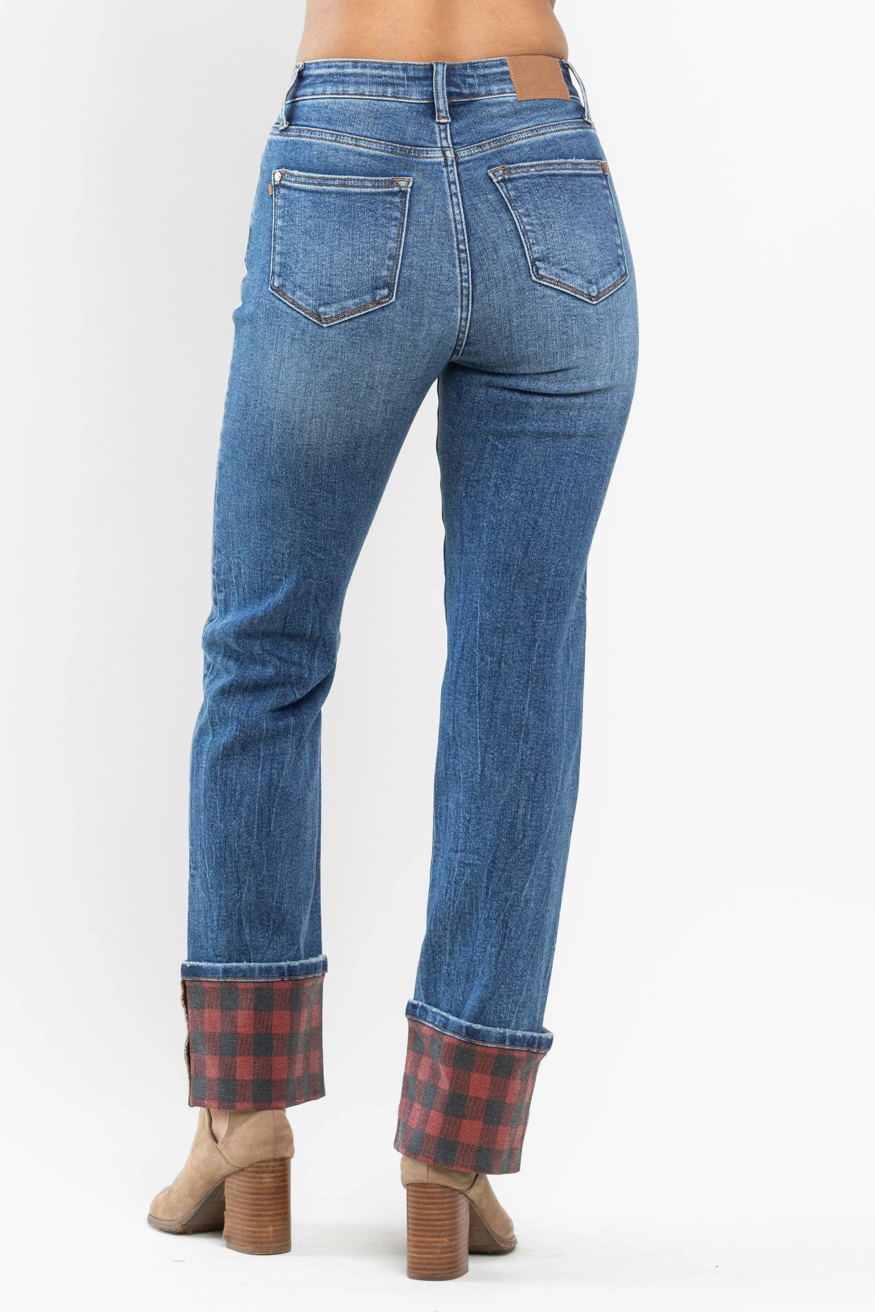 Judy Blue Red Plaid Print Cuff Jean