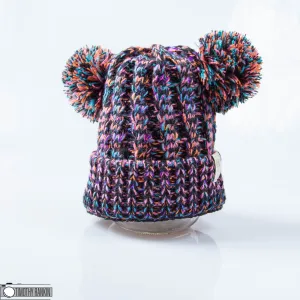 KIDS  DOUBLE POM Toque - BLACK Multi Confetti