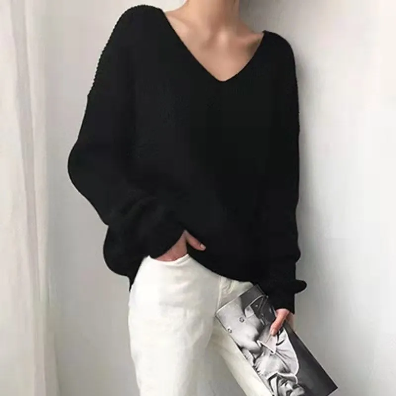 Korean-Style V-Neck Irregular Loose Sweater