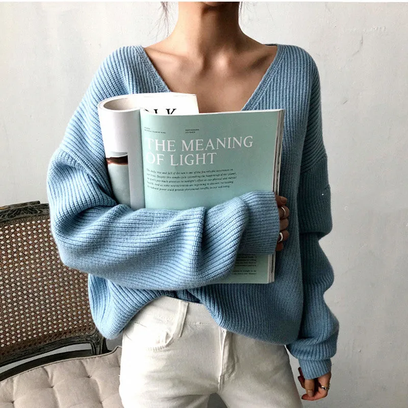 Korean-Style V-Neck Irregular Loose Sweater