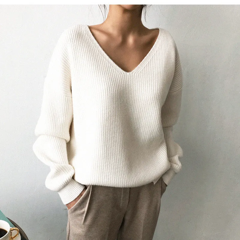 Korean-Style V-Neck Irregular Loose Sweater