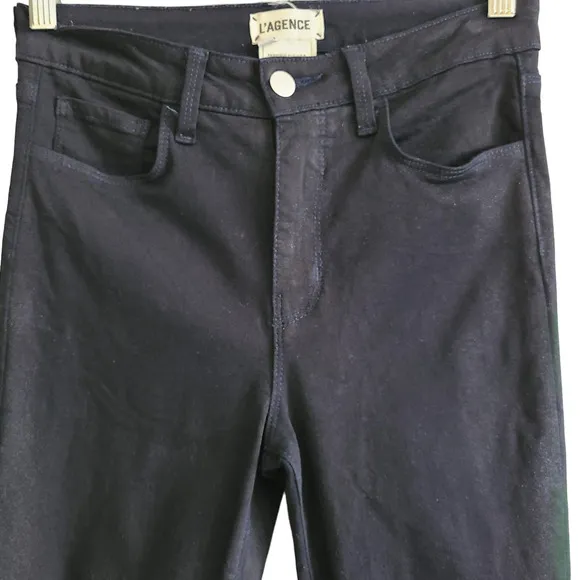 L'AGENCE Margot Skinny Metro Coated Stretch Raw Hem Jeans Blue Black Shimmer 26
