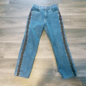 Lawman Western Vintage Jeans Criss Cross Leather Strap High Rise Jeans Rancher .