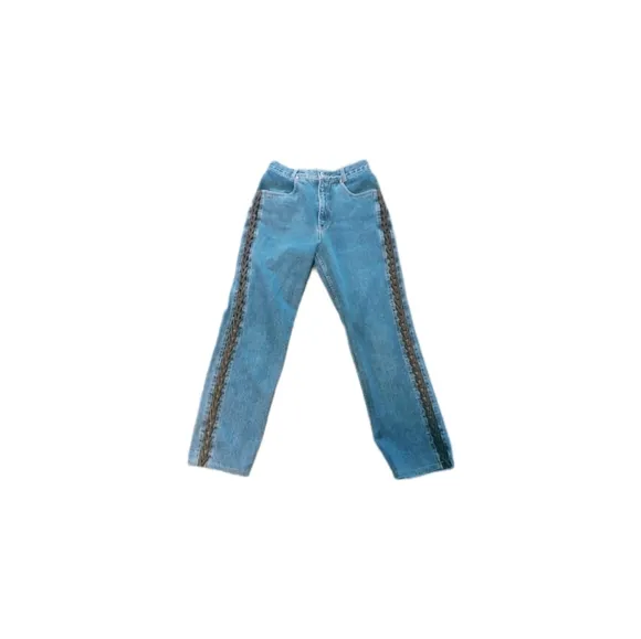 Lawman Western Vintage Jeans Criss Cross Leather Strap High Rise Jeans Rancher .