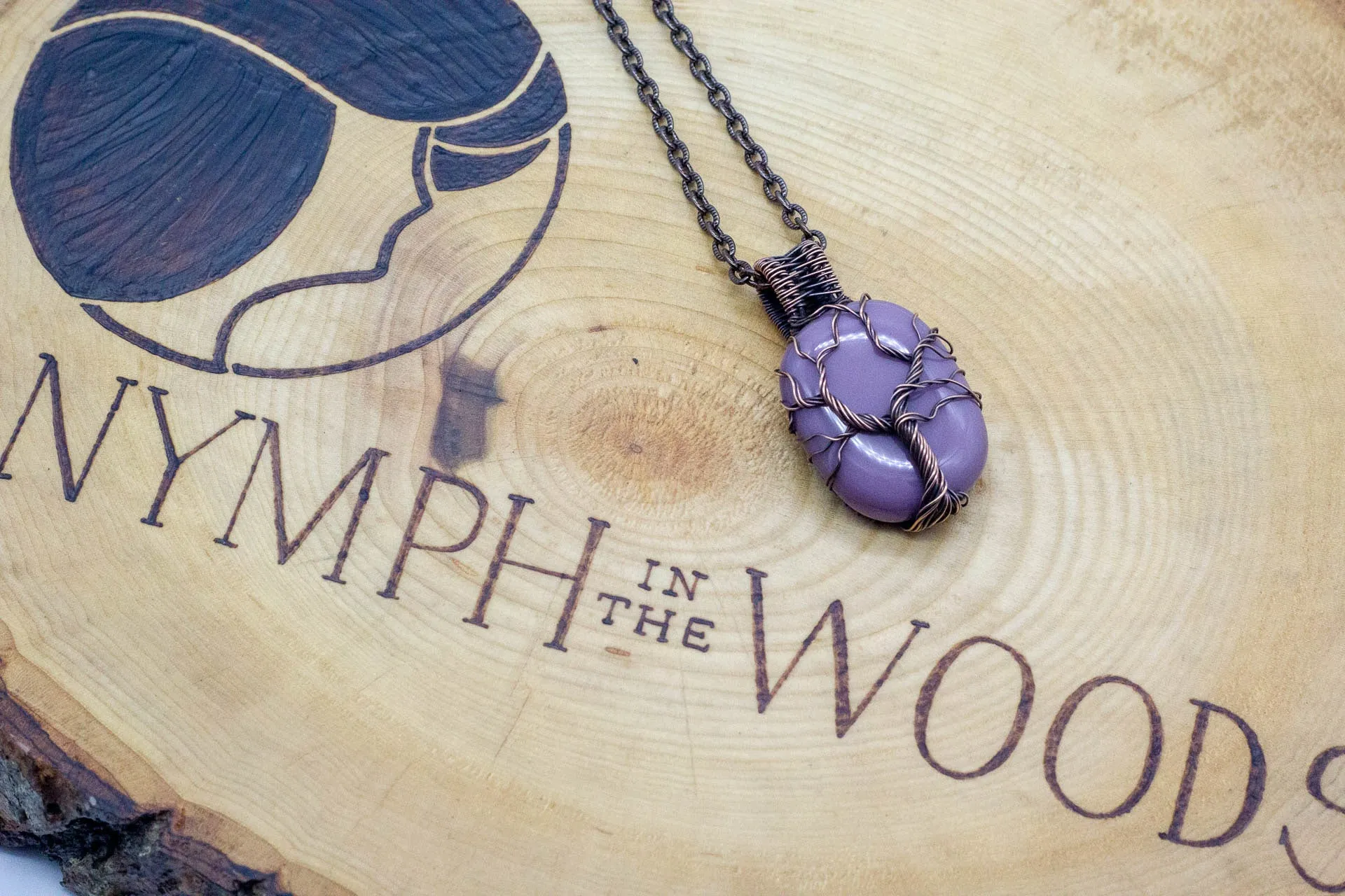 Light Purple Fused Glass Pendant with Copper Tree of Life