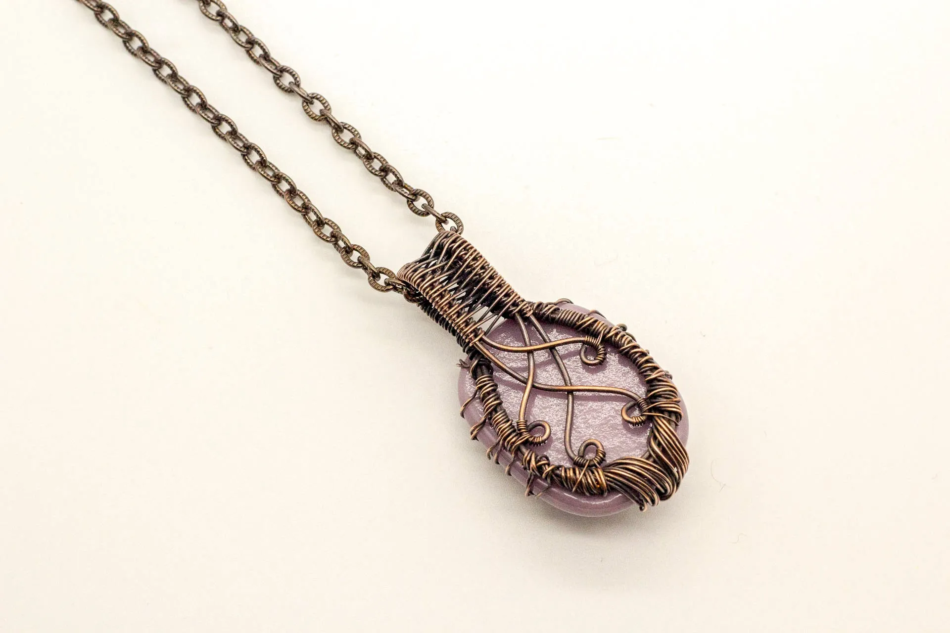 Light Purple Fused Glass Pendant with Copper Tree of Life