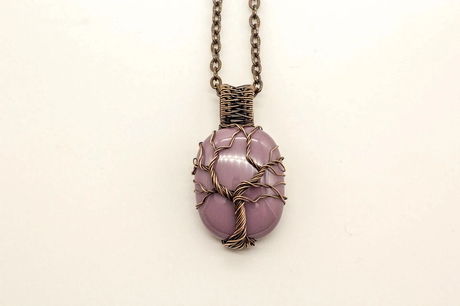 Light Purple Fused Glass Pendant with Copper Tree of Life