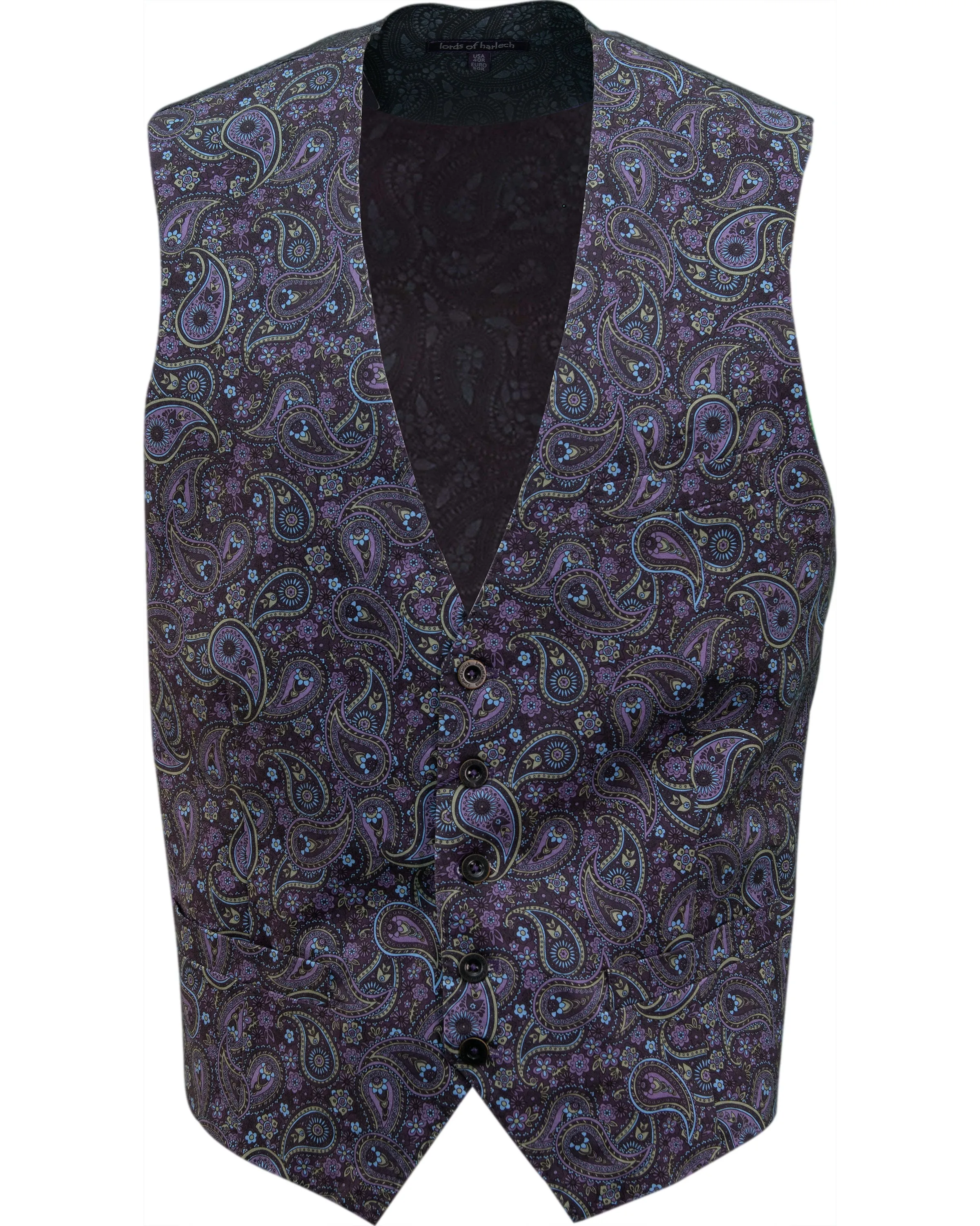 Lords of Harlech Wilbur Tribune Paisley Waistcoat Plum