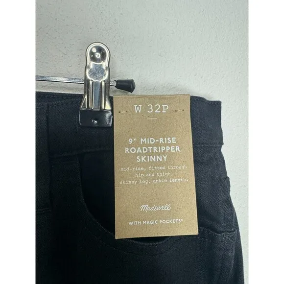 Madewell Petite Sz 32P Mid-Rise Roadtripper Skinny Jeans Bennett Black Wash NWT