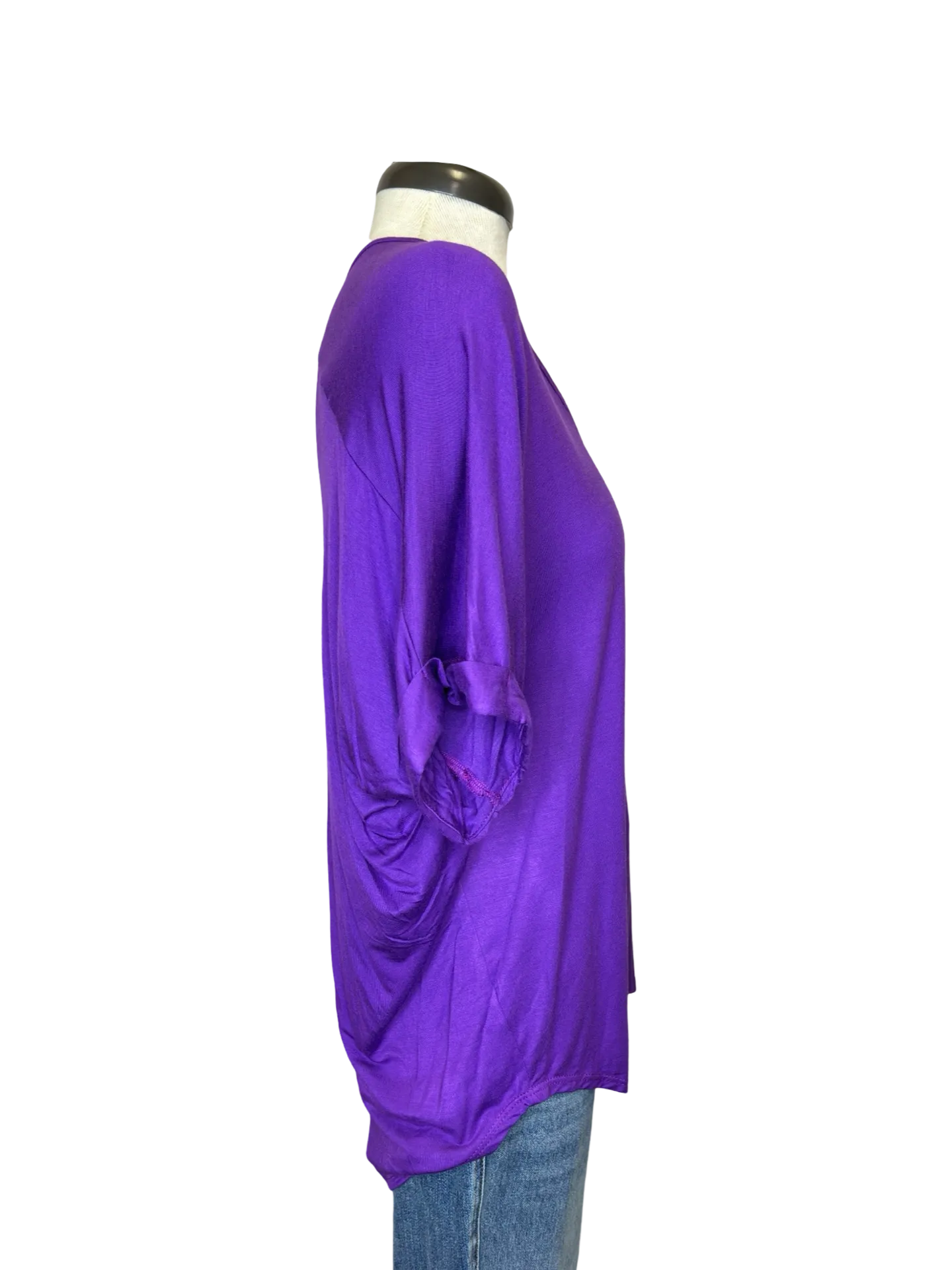 Madison V Neck Folded Cuff Sleeve Top Purple