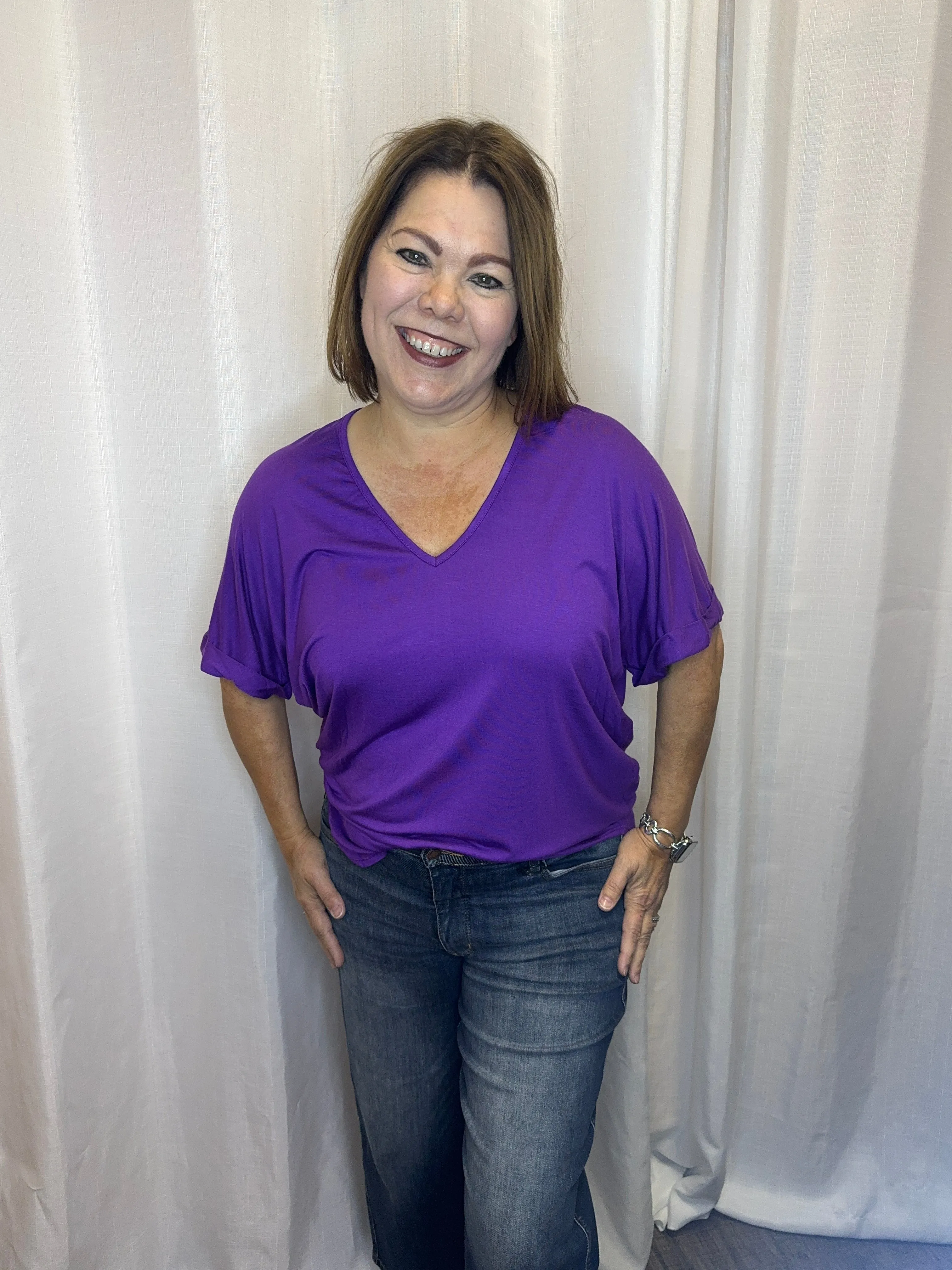Madison V Neck Folded Cuff Sleeve Top Purple