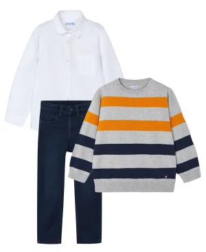 Mayoral 146 White Long Sleeve Shirt, 4338 Stripe Jumper and 4540 Denim Jeans In Stock Now