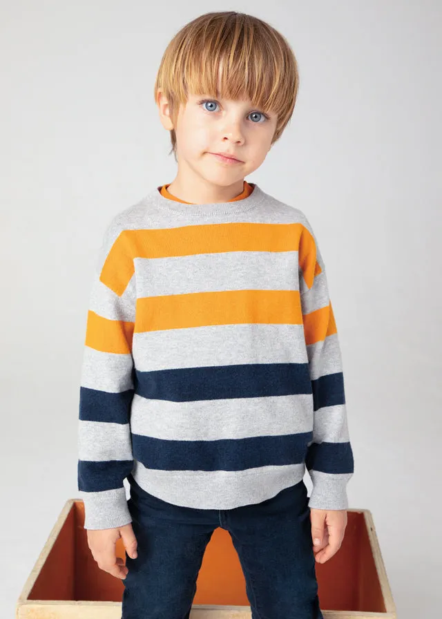 Mayoral 146 White Long Sleeve Shirt, 4338 Stripe Jumper and 4540 Denim Jeans In Stock Now