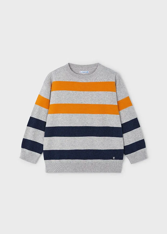 Mayoral 146 White Long Sleeve Shirt, 4338 Stripe Jumper and 4540 Denim Jeans In Stock Now