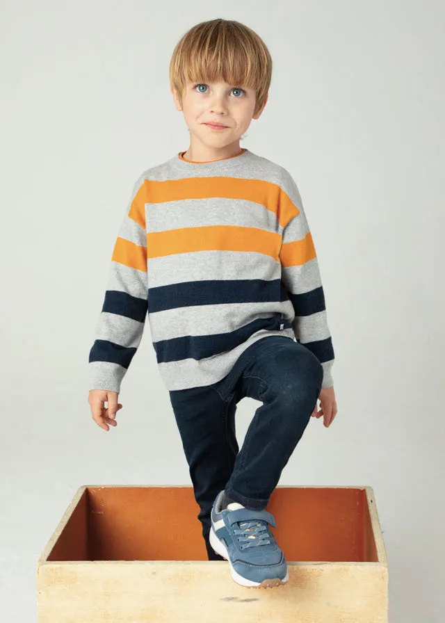 Mayoral 146 White Long Sleeve Shirt, 4338 Stripe Jumper and 4540 Denim Jeans In Stock Now