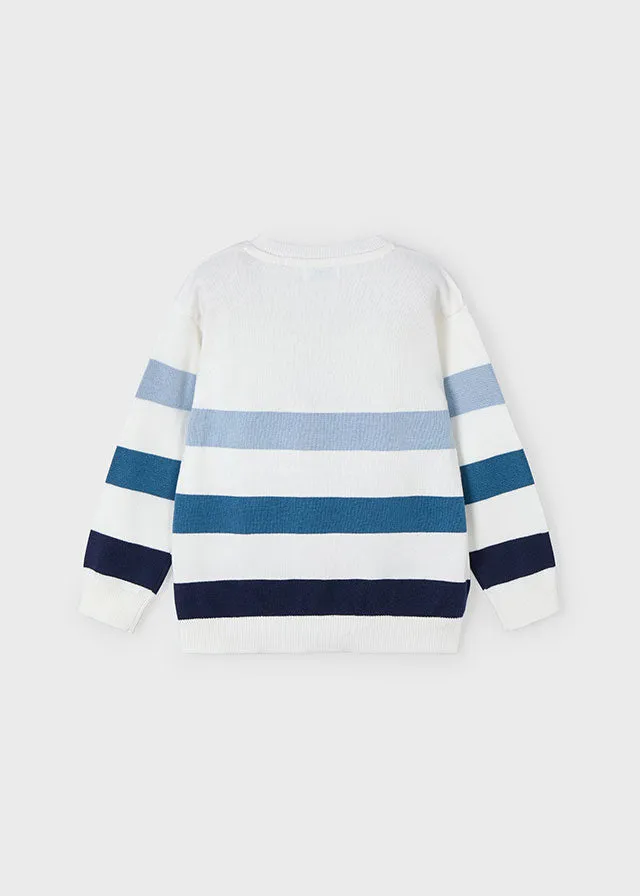 Mayoral 3103 Cream Short Sleeve Polo Shirt, Mayoral 515 Slim Fit Denim Jeans and Mayoral 3366 Blue Stripe Jumper In Stock Now