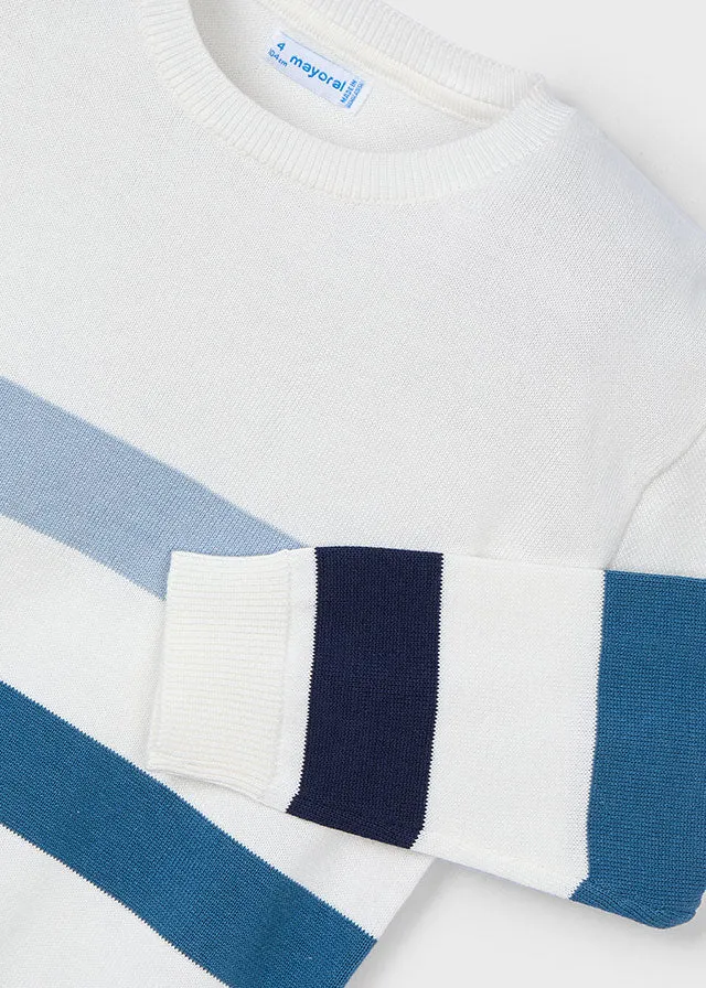 Mayoral 3103 Cream Short Sleeve Polo Shirt, Mayoral 515 Slim Fit Denim Jeans and Mayoral 3366 Blue Stripe Jumper In Stock Now