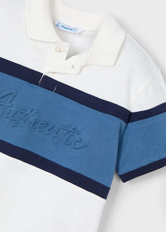 Mayoral 3103 Cream Short Sleeve Polo Shirt, Mayoral 515 Slim Fit Denim Jeans and Mayoral 3366 Blue Stripe Jumper In Stock Now