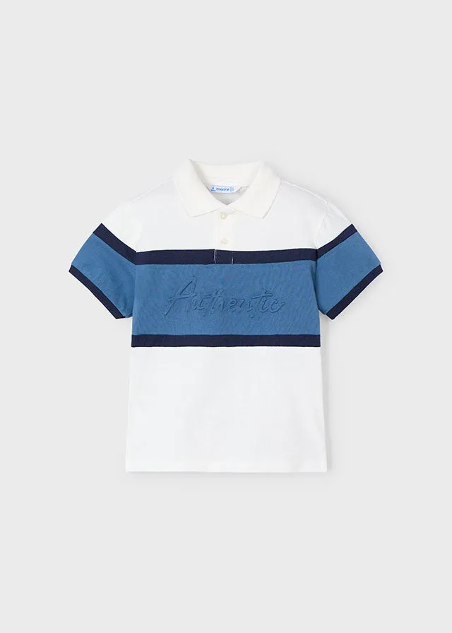 Mayoral 3103 Cream Short Sleeve Polo Shirt, Mayoral 515 Slim Fit Denim Jeans and Mayoral 3366 Blue Stripe Jumper In Stock Now