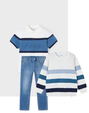 Mayoral 3103 Cream Short Sleeve Polo Shirt, Mayoral 515 Slim Fit Denim Jeans and Mayoral 3366 Blue Stripe Jumper In Stock Now
