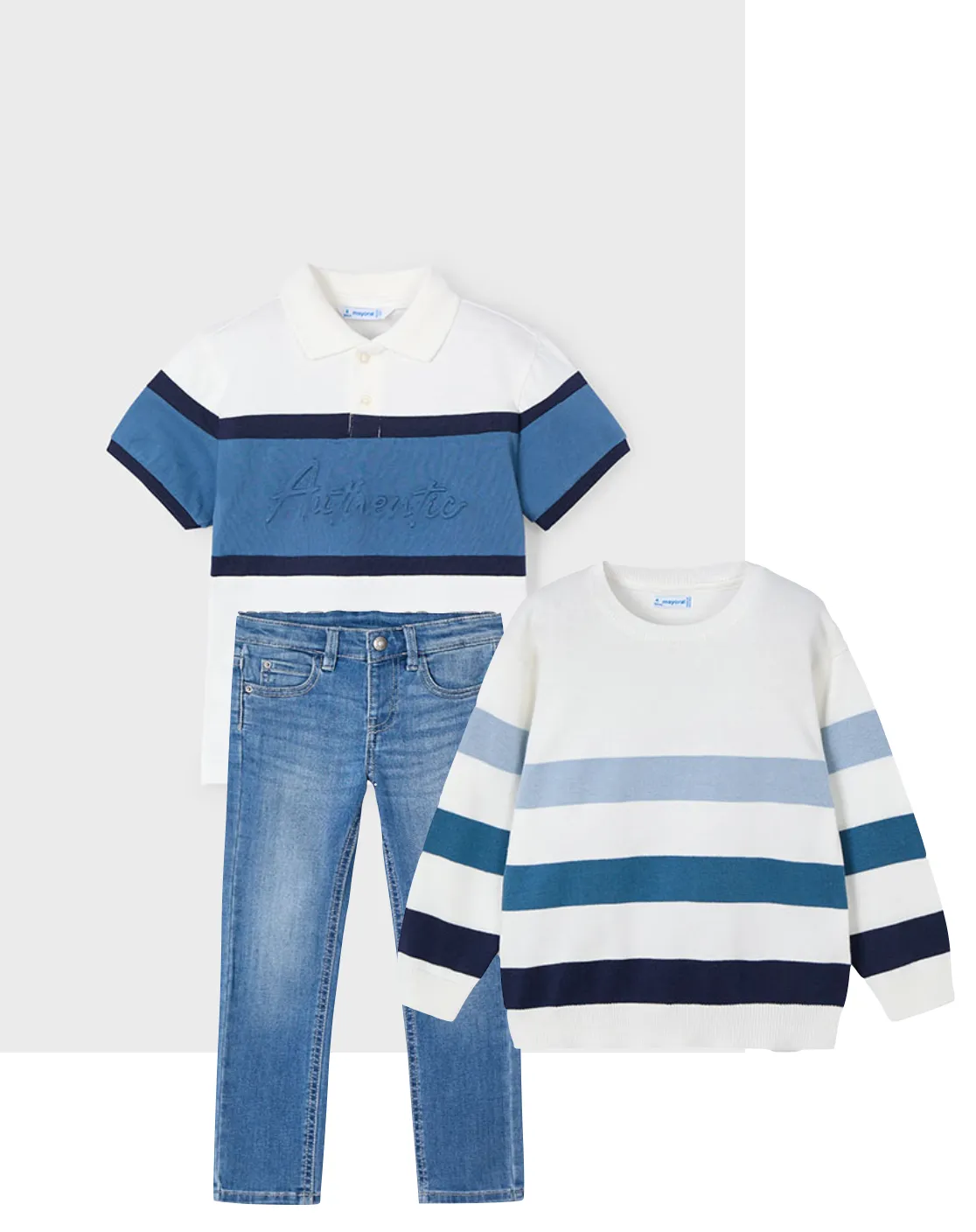 Mayoral 3103 Cream Short Sleeve Polo Shirt, Mayoral 515 Slim Fit Denim Jeans and Mayoral 3366 Blue Stripe Jumper In Stock Now