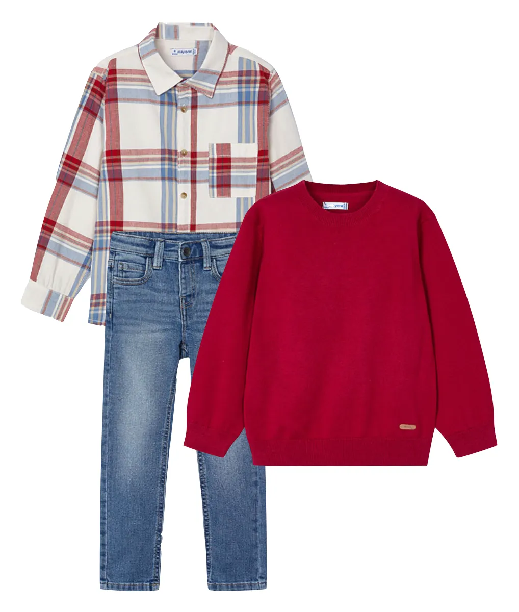 Mayoral 4114 Long Sleeve Check Shirt, 323 Jumper and 504 Slim Fit Jeans In Stock Now