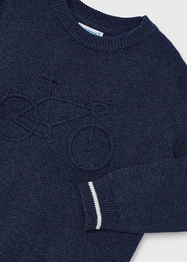 Mayoral 4341 Navy Embossed Jumper, 146 Blue Long Sleeve Shirt and 4540 Denim Jeans In Stock Now