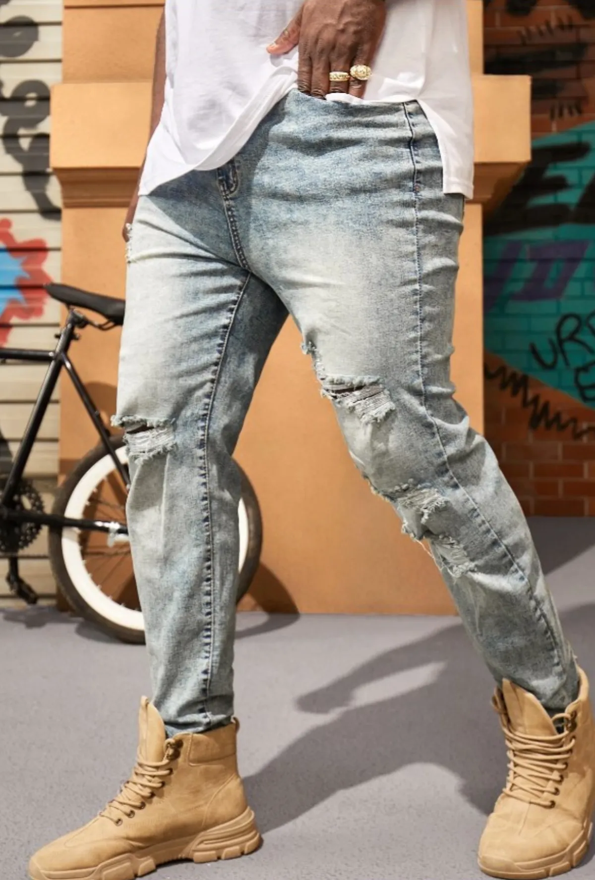 Men Cotton Ripped Slim Straight Jeans