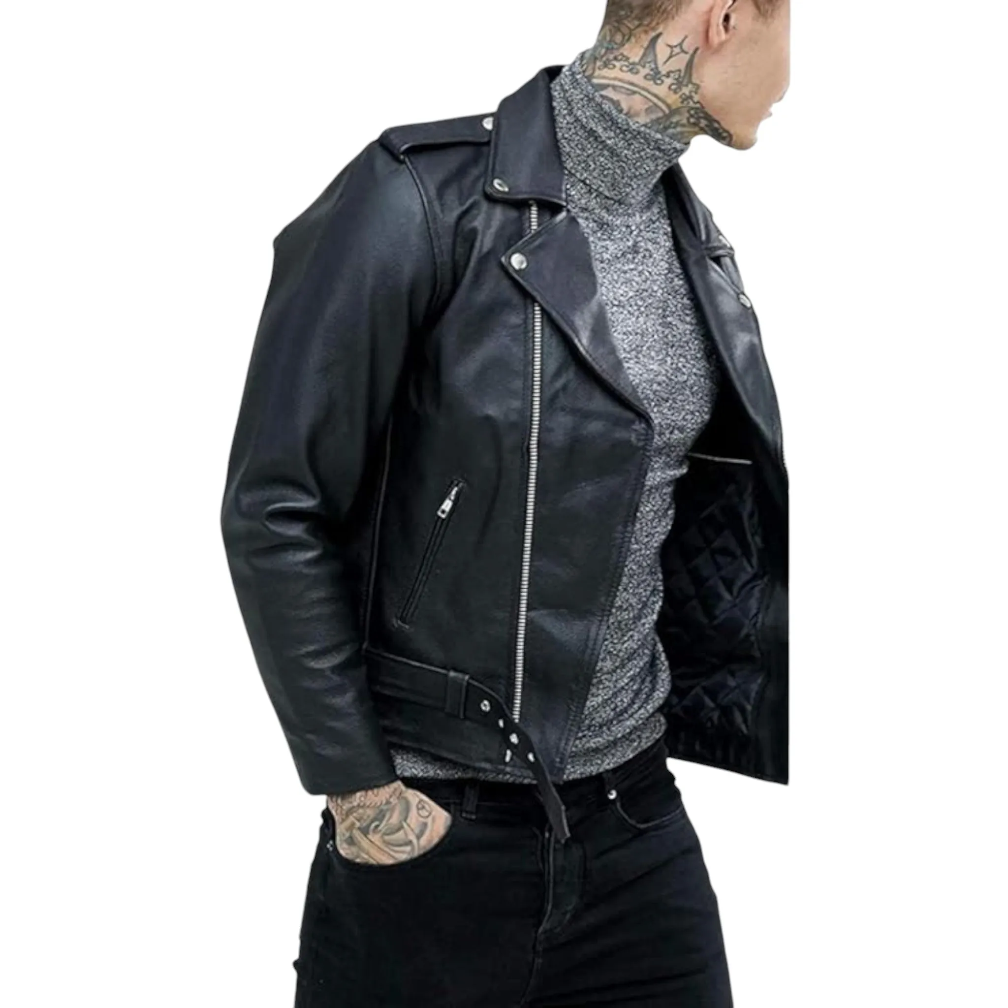 Men's Genuine Cowhide Leather Retro Biker Jacket by Reclaimed Vintage
