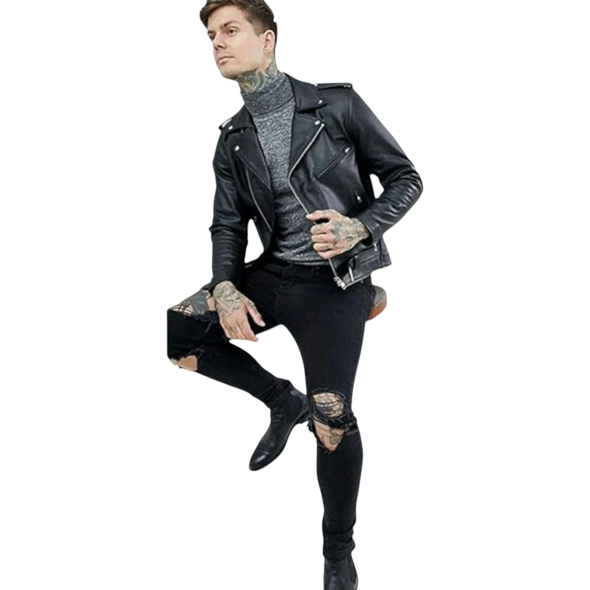 Men's Genuine Cowhide Leather Retro Biker Jacket by Reclaimed Vintage