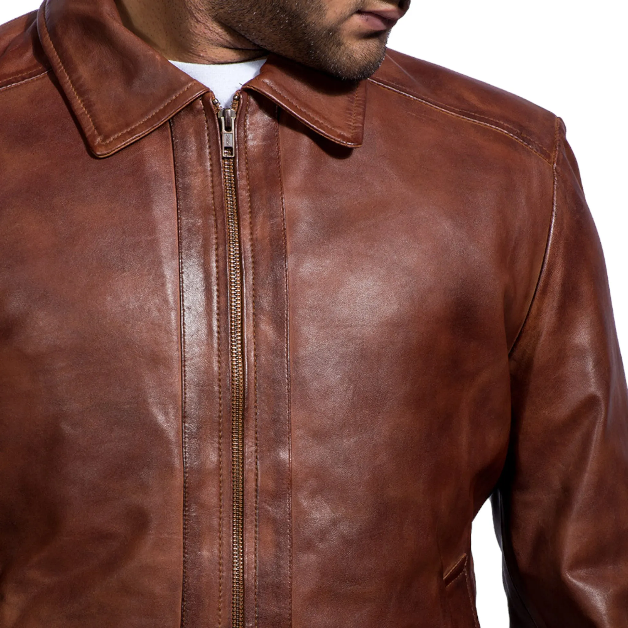 Men's Premium Leather Jacket with Harrington Collar Brown Leather