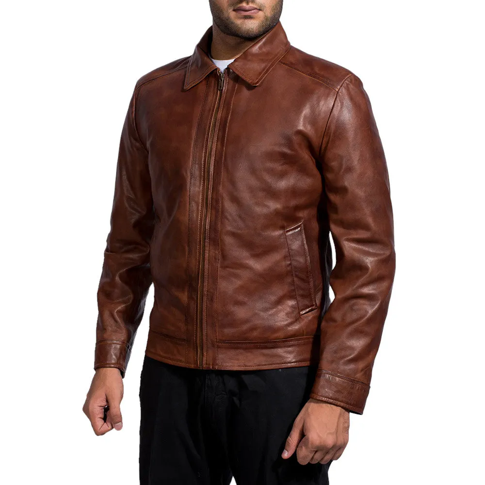 Men's Premium Leather Jacket with Harrington Collar Brown Leather