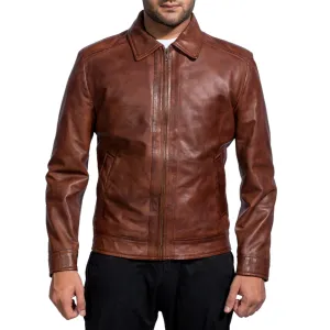 Men's Premium Leather Jacket with Harrington Collar Brown Leather