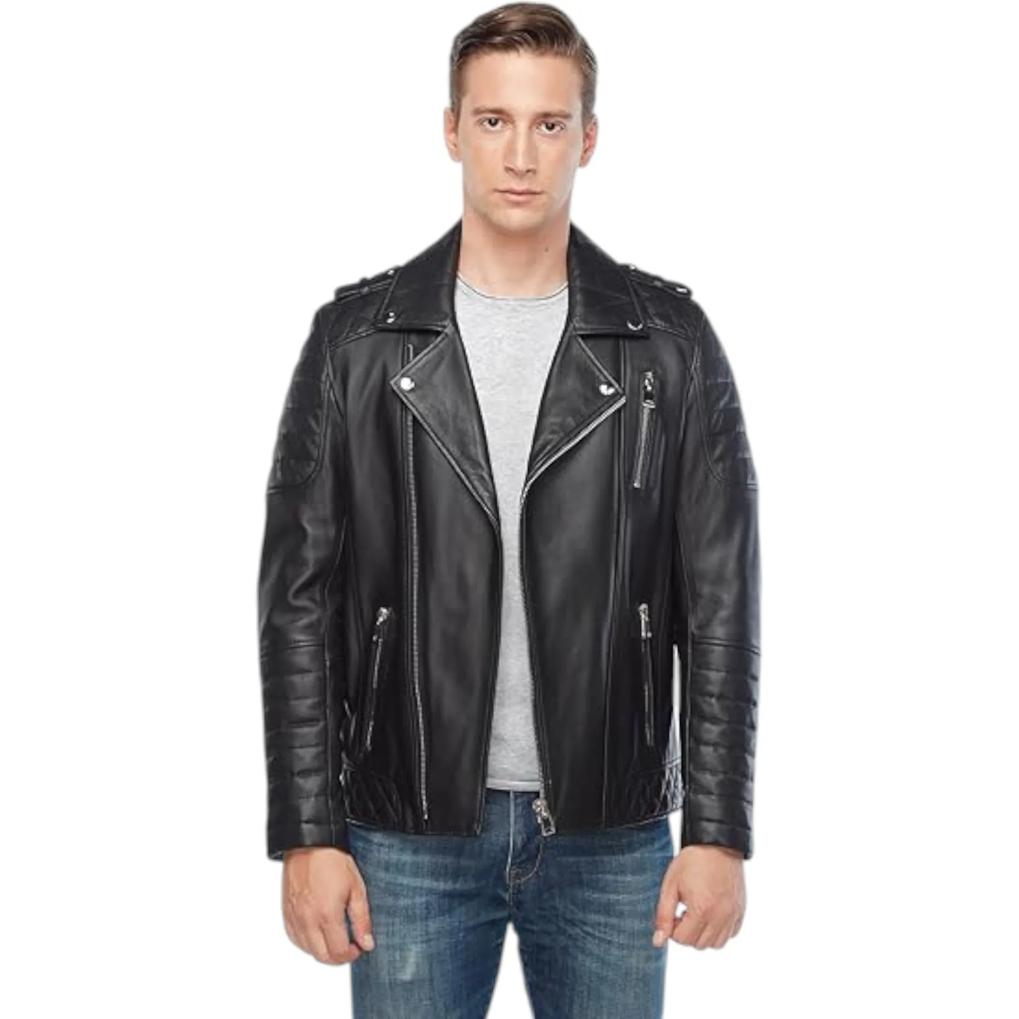 Men's Retro Black Quilted Sheep Leather Motorcycle Rider Jacket