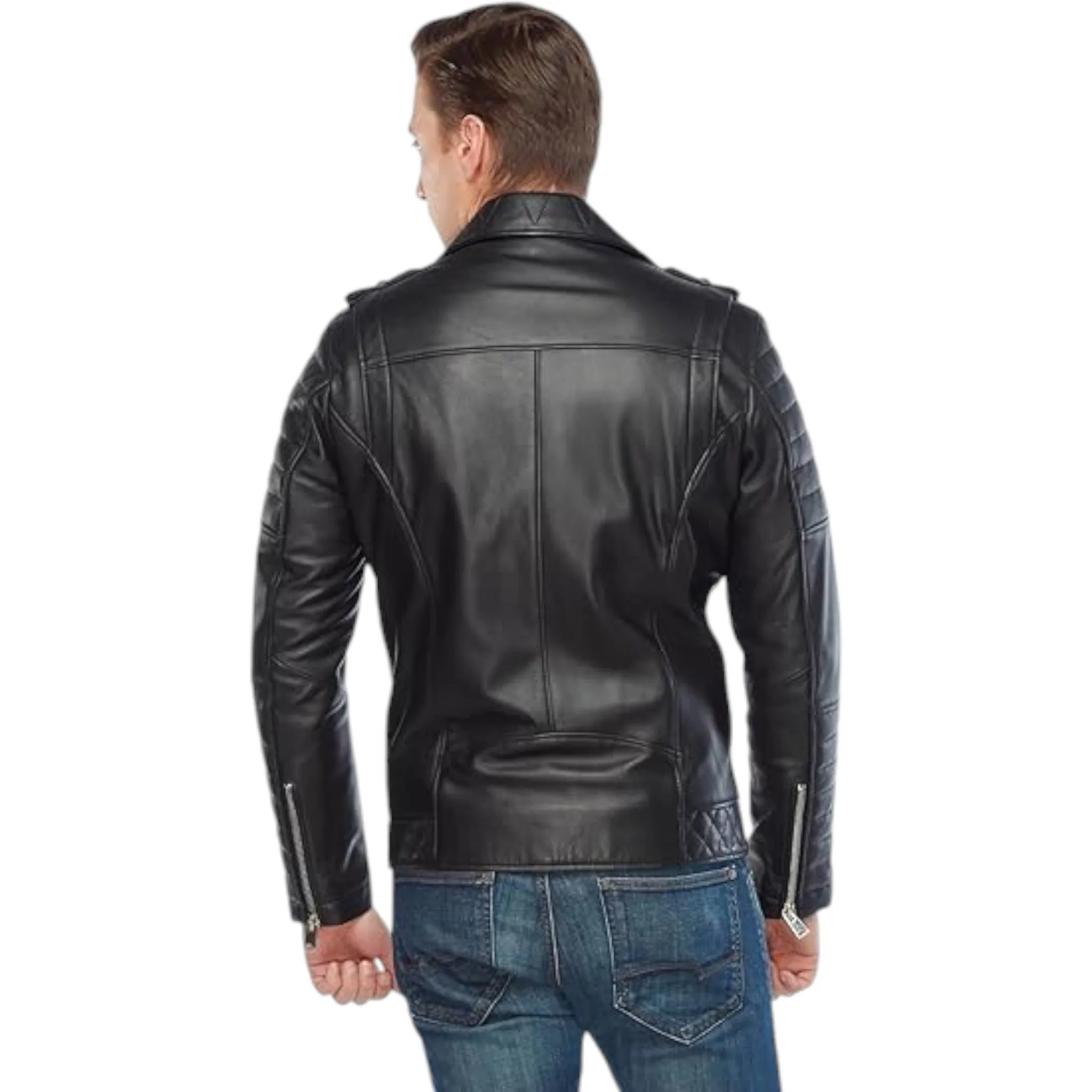 Men's Retro Black Quilted Sheep Leather Motorcycle Rider Jacket
