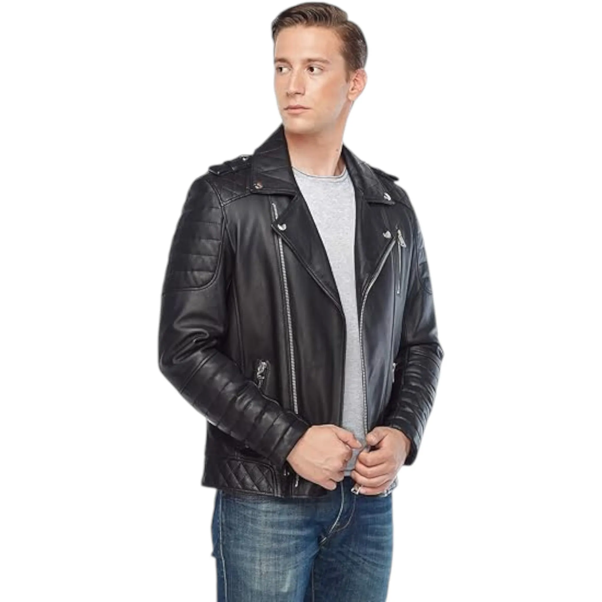 Men's Retro Black Quilted Sheep Leather Motorcycle Rider Jacket