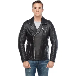 Men's Retro Black Quilted Sheep Leather Motorcycle Rider Jacket
